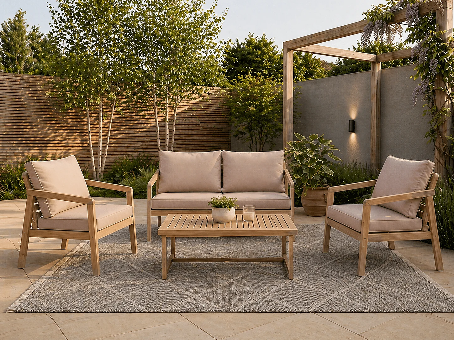 Garden Sofa Set 4 Seater Lounge Sofa Chairs Table Acacia Wood Premium Outdoor Furniture with Beige Taupe Cushions Lido