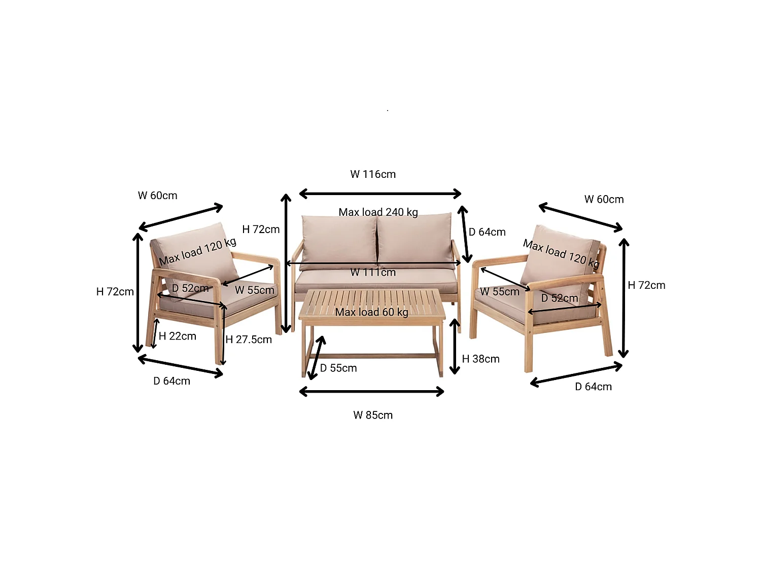 Garden Sofa Set 4 Seater Lounge Sofa Chairs Table Acacia Wood Premium Outdoor Furniture with Beige Taupe Cushions Lido