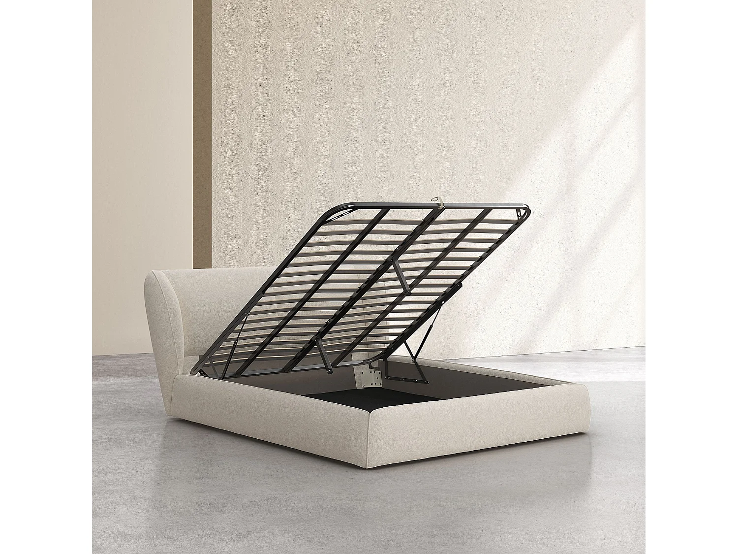Habitat - Ensemble lit coffre 160 x 200 cm en tissu bouclette courte et matelas Hybride Excellence - Beige meringue - Malo