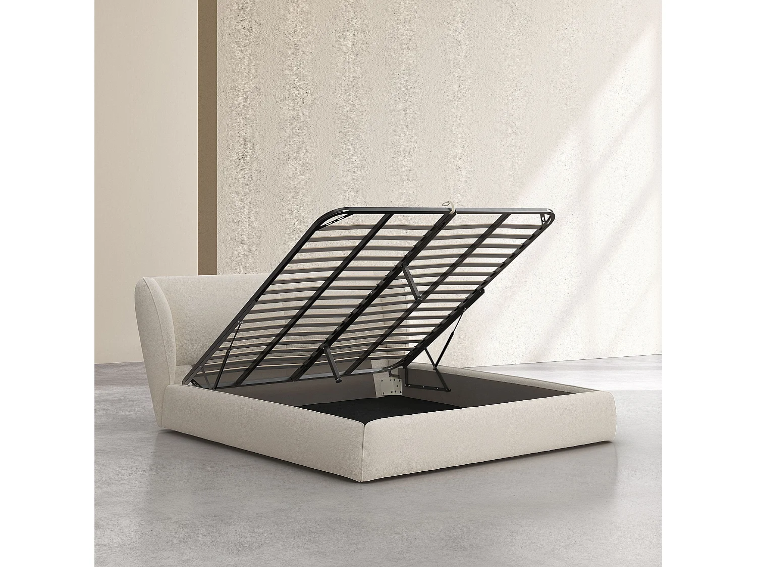 Habitat - Ensemble lit coffre 180 x 200 cm en tissu bouclette courte et matelas Hybride Excellence - Beige meringue - Malo