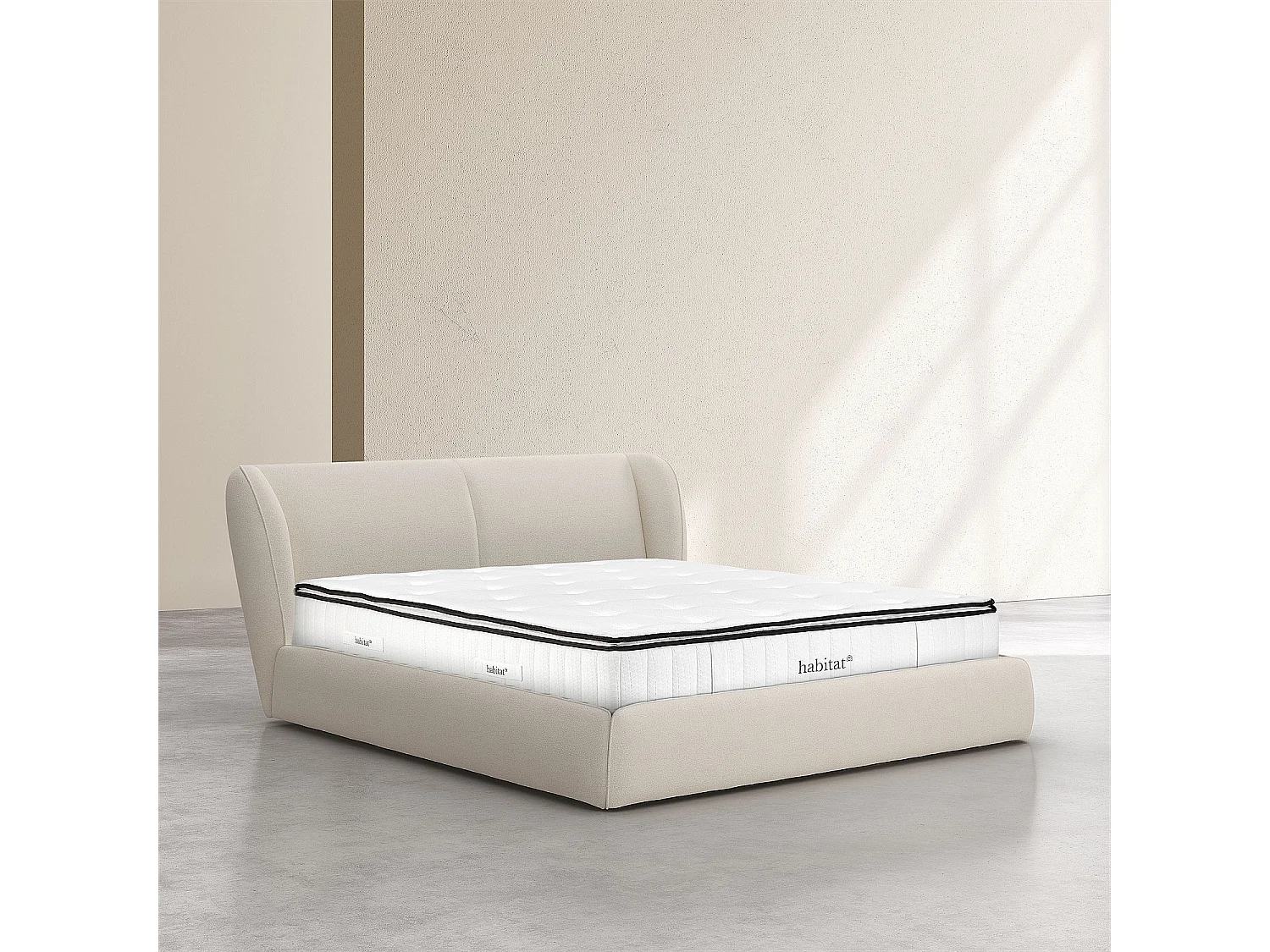 Habitat - Ensemble lit coffre 180 x 200 cm en tissu bouclette courte et matelas Hybride Excellence - Beige meringue - Malo