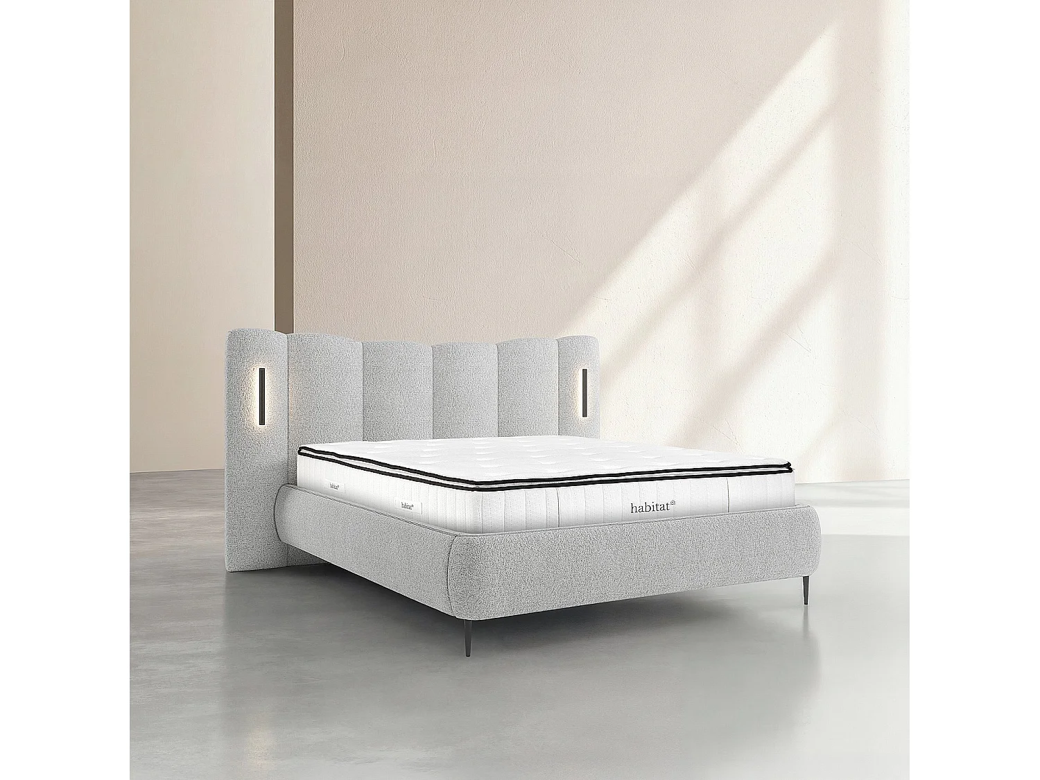 Habitat - Ensemble lit coffre 160 x 200 cm en tissu texturé avec LEDs intégrées et matelas Hybride Excellence - Gris chiné - Siderno