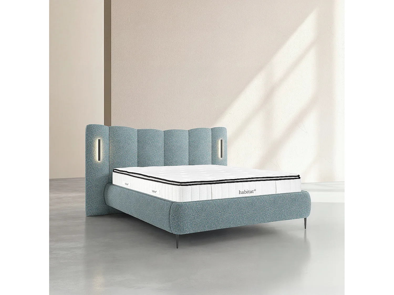 Habitat - Ensemble lit coffre 160 x 200 cm en tissu texturé avec LEDs intégrées et matelas Hybride Excellence - Bleu chiné - Siderno