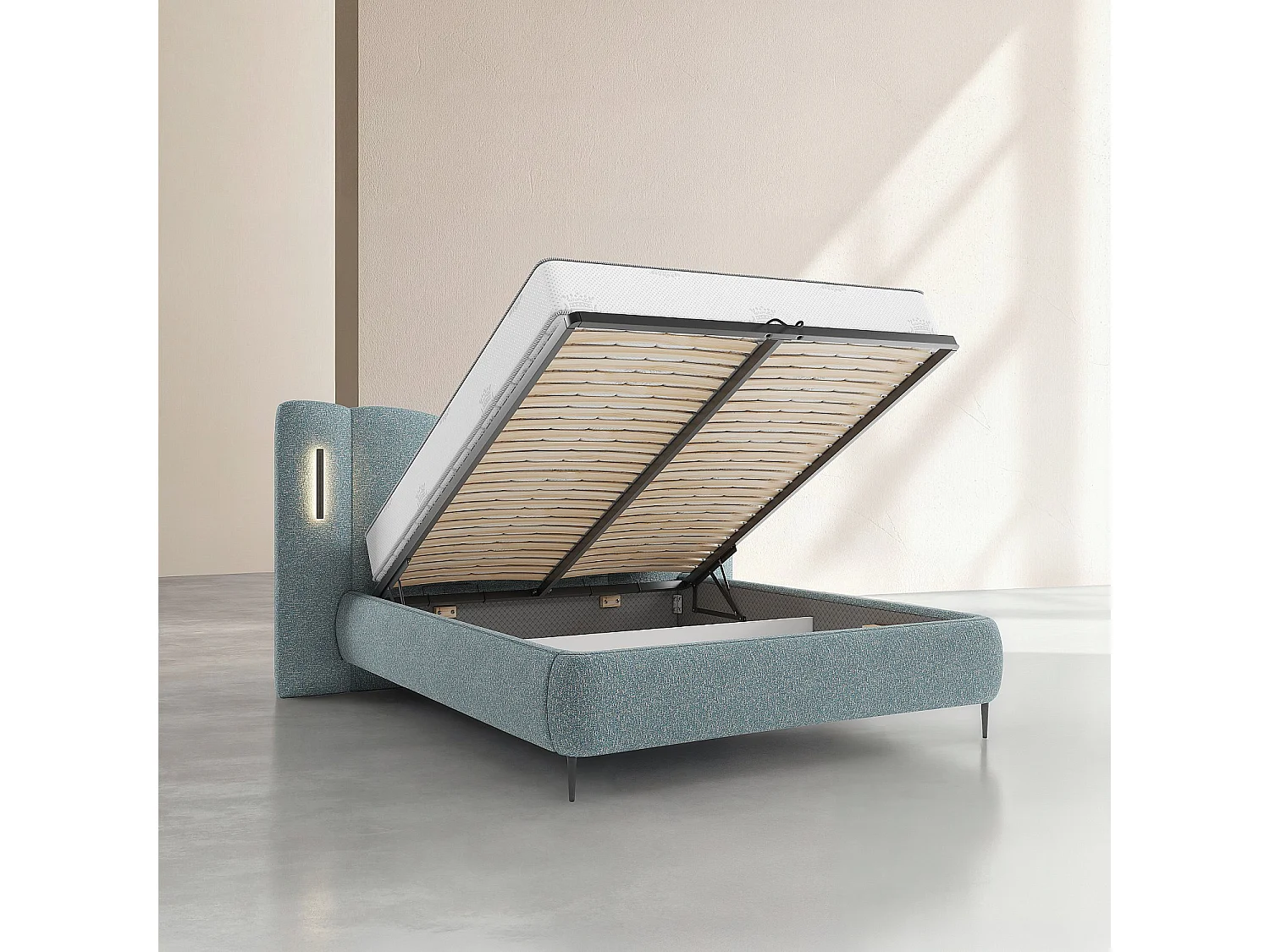 Habitat - Ensemble lit coffre 160 x 200 cm en tissu texturé avec LEDs intégrées et matelas Hybride Excellence - Bleu chiné - Siderno