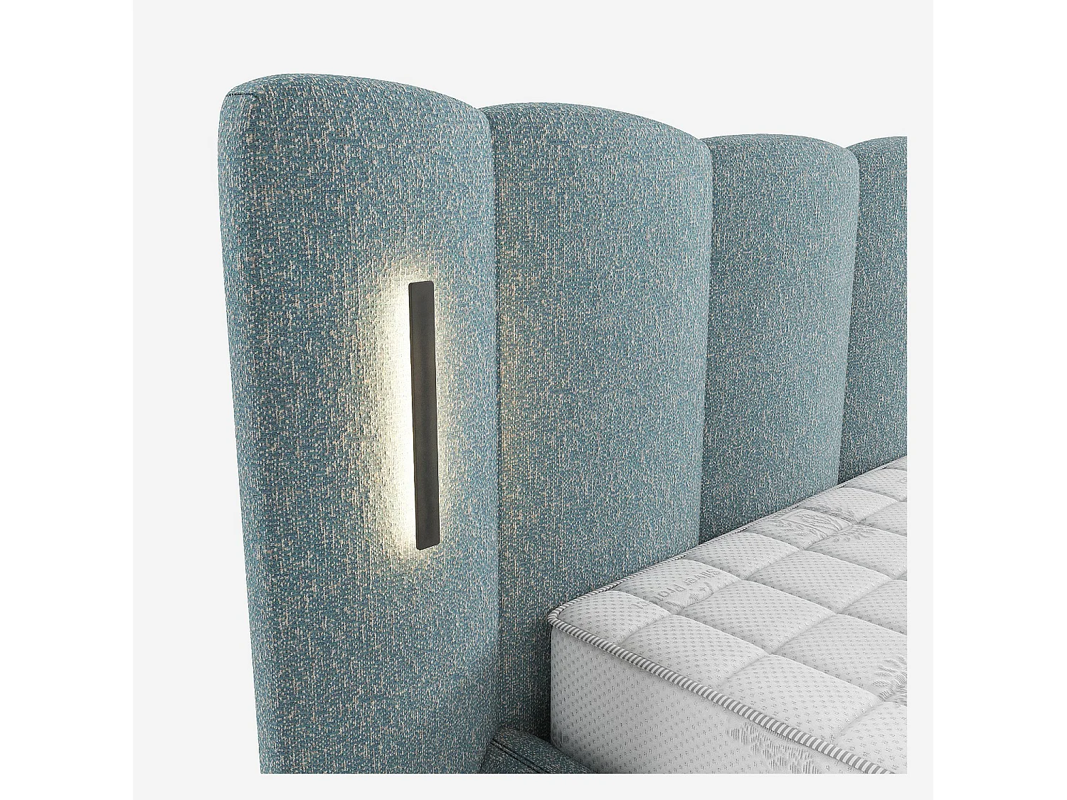 Habitat - Ensemble lit coffre 160 x 200 cm en tissu texturé avec LEDs intégrées et matelas Hybride Excellence - Bleu chiné - Siderno