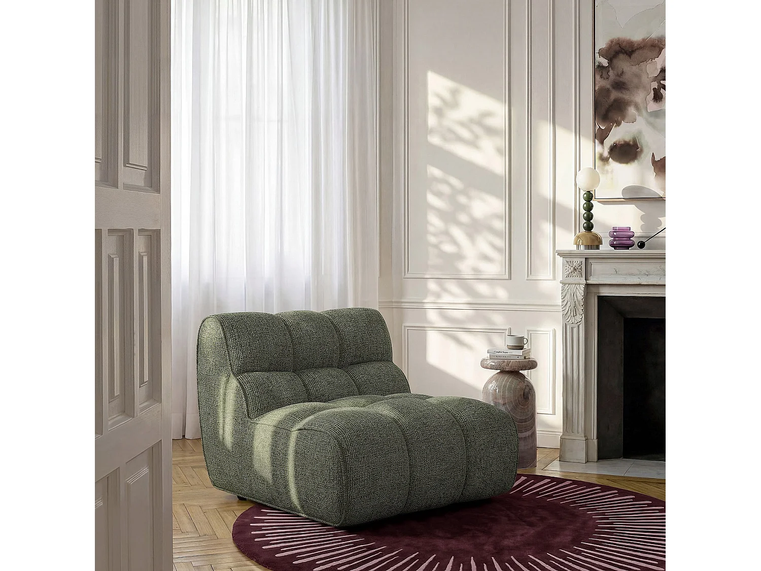 Habitat - Chauffeuse capitonnée en tissu texturé - Vert mousse - Elaia