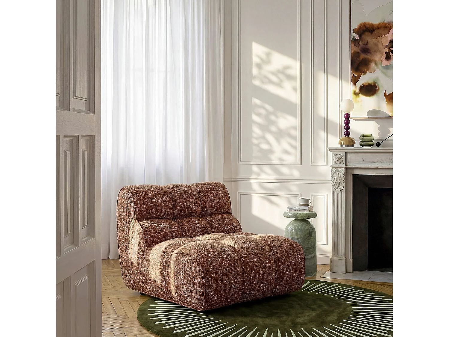 Habitat - Chauffeuse capitonnée en tissu texturé - Terracotta - Elaia