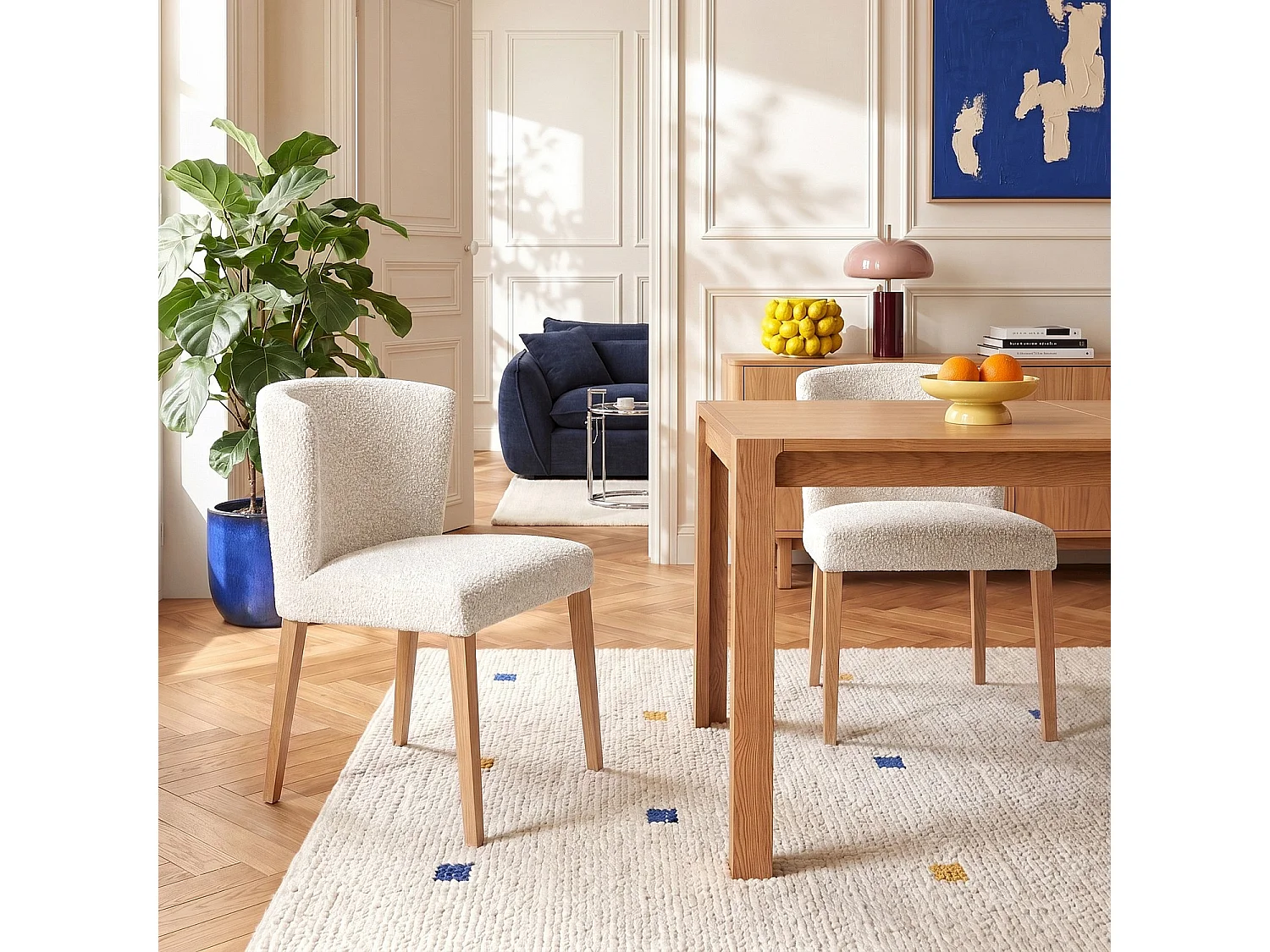 Habitat - Lot de 2 chaises en tissu bouclette et chêne massif - Crème - Valentina