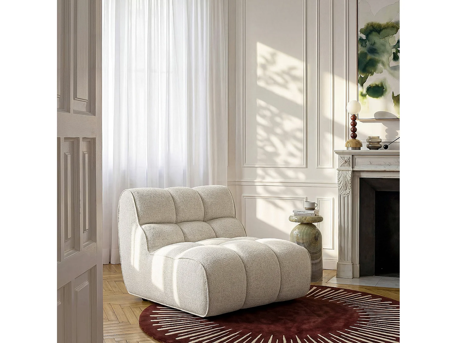 Habitat - Chauffeuse capitonnée en tissu texturé - Crème - Elaia