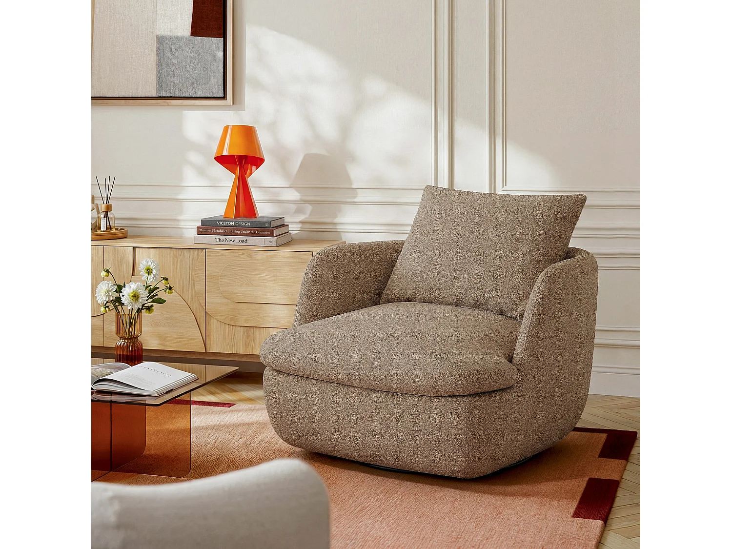Habitat - Fauteuil pivotant en tissu bouclette garni de plumes - Moka - Monza