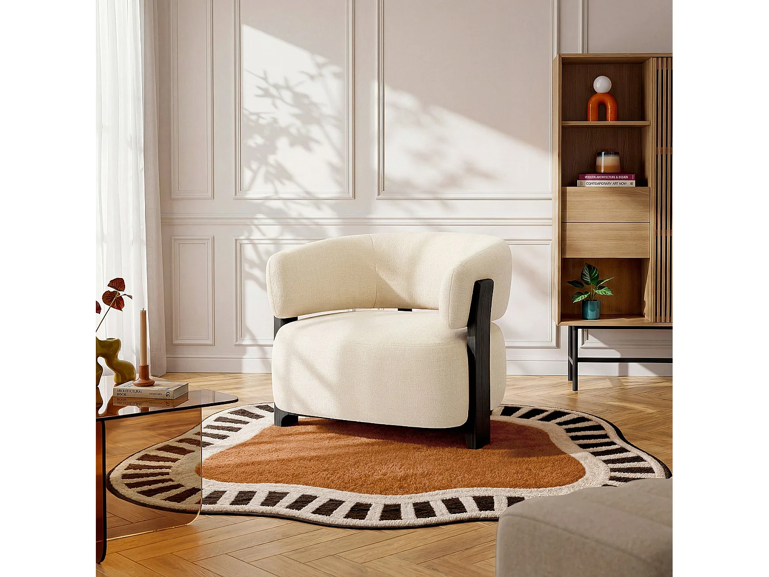 Habitat - Fauteuil en tissu texturé et bois massif finition noyer - Crème - Barrea