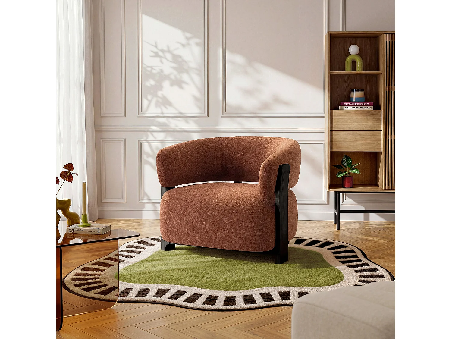Habitat - Fauteuil en tissu texturé et bois massif finition noyer - Terracotta - Barrea