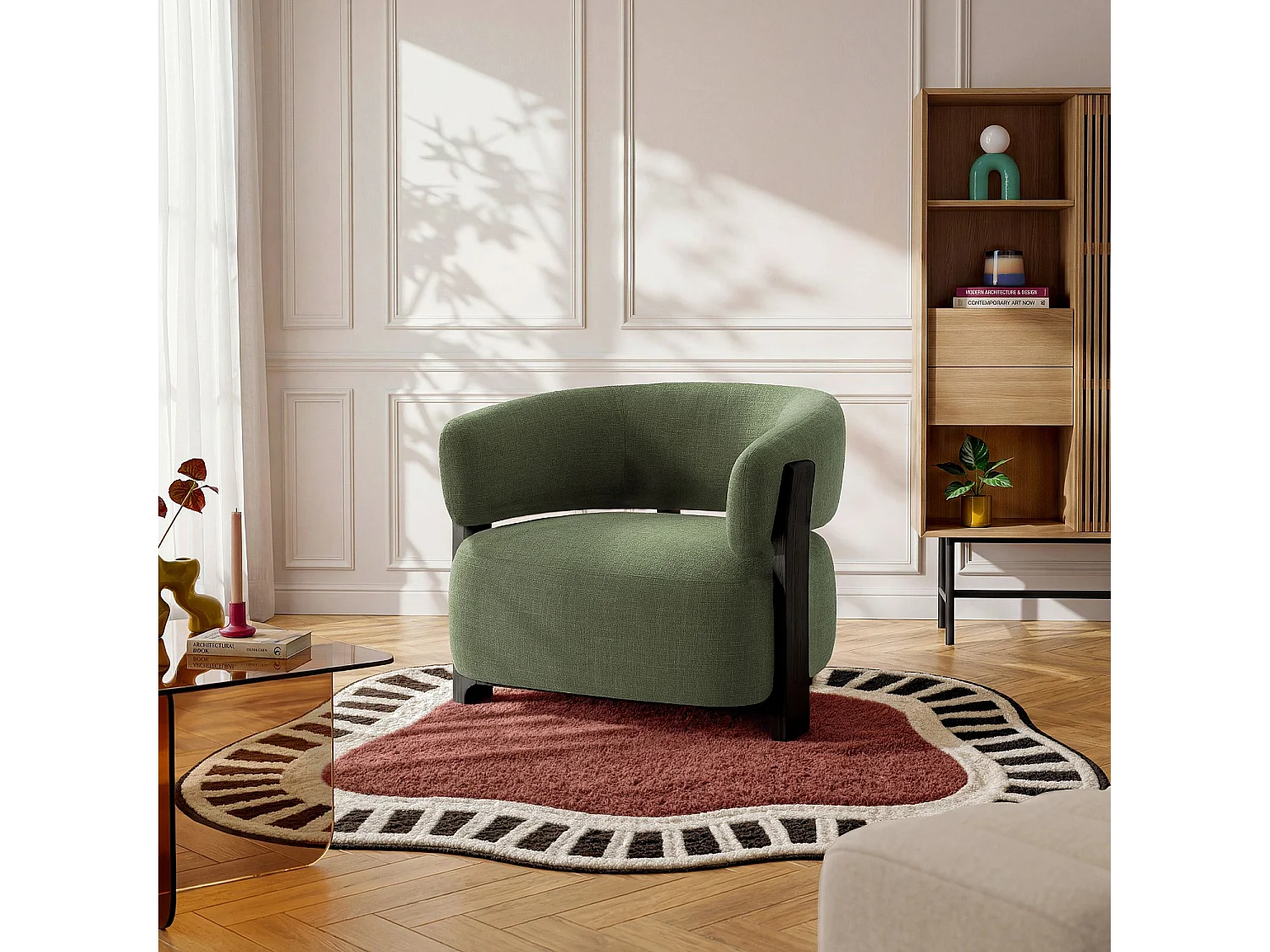 Habitat - Fauteuil en tissu texturé et bois massif finition noyer - Vert kaki - Barrea