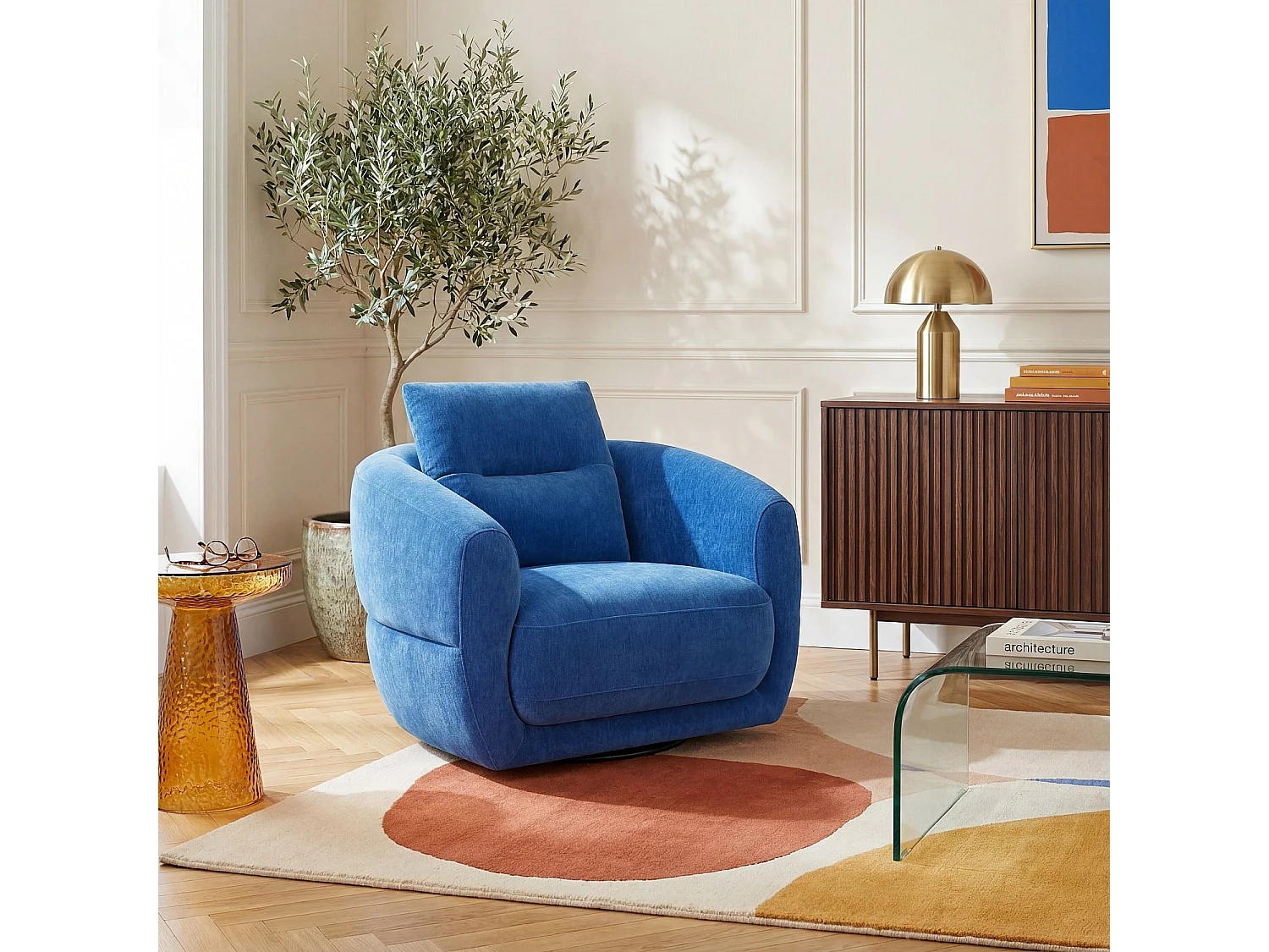 Habitat - Fauteuil pivotant en tissu - Bleu électrique - Priano