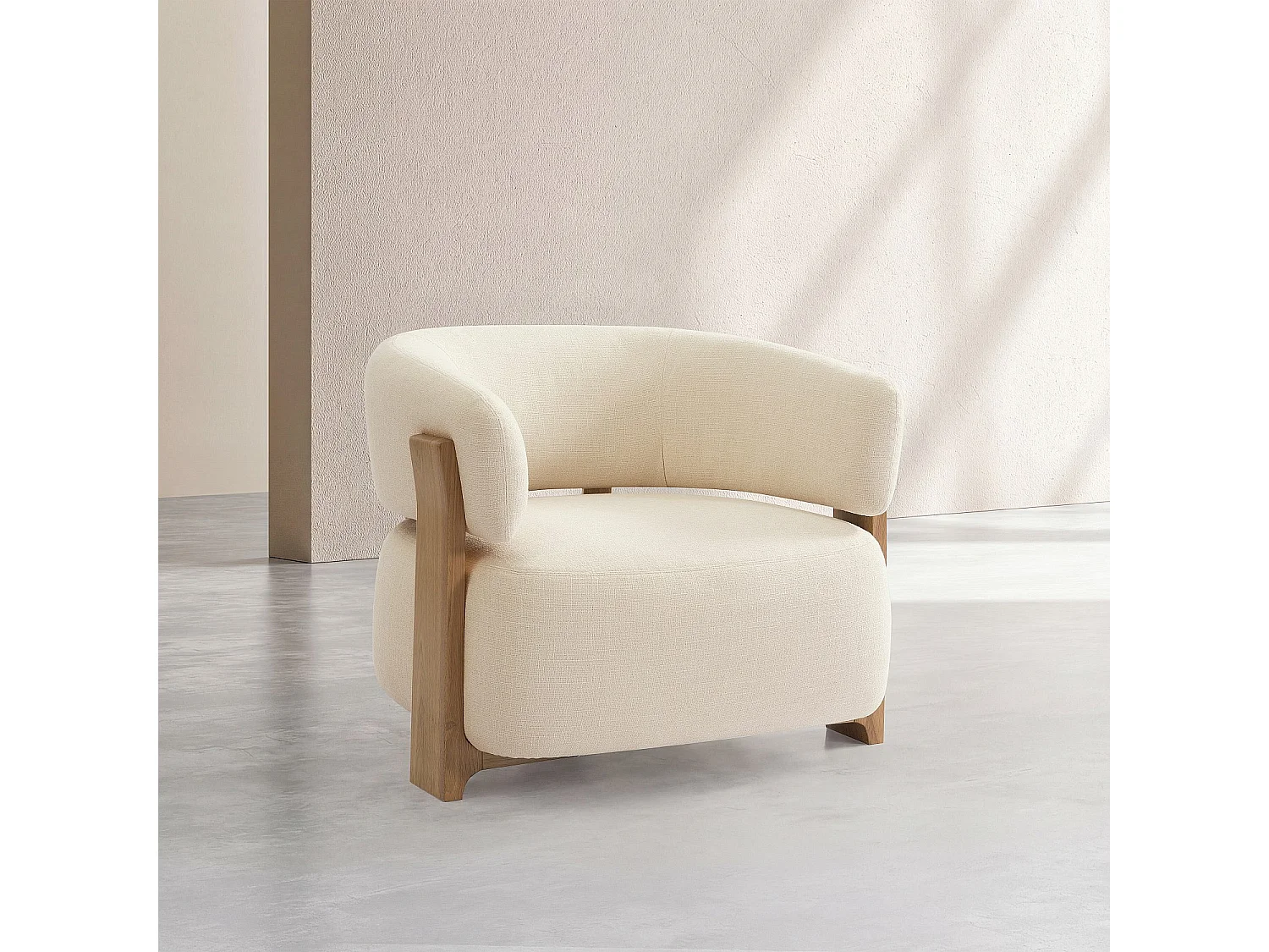 Habitat - Fauteuil en tissu texturé et bois massif finition chêne - Crème - Barrea