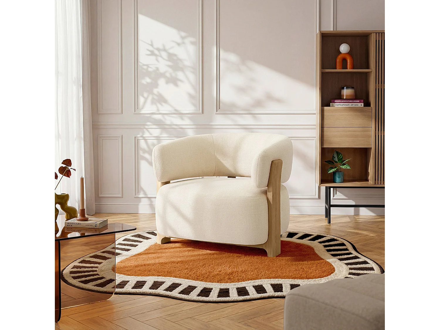 Habitat - Fauteuil en tissu texturé et bois massif finition chêne - Crème - Barrea