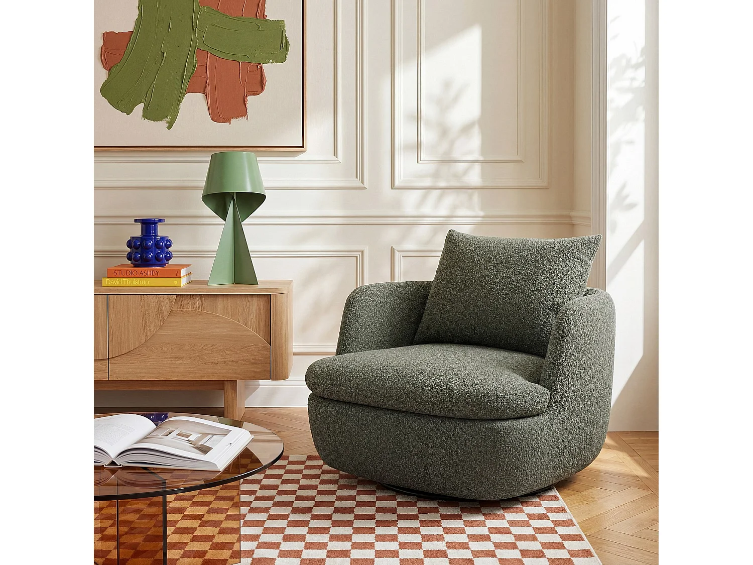 Habitat - Fauteuil pivotant en tissu bouclette garni de plumes - Vert kaki - Monza