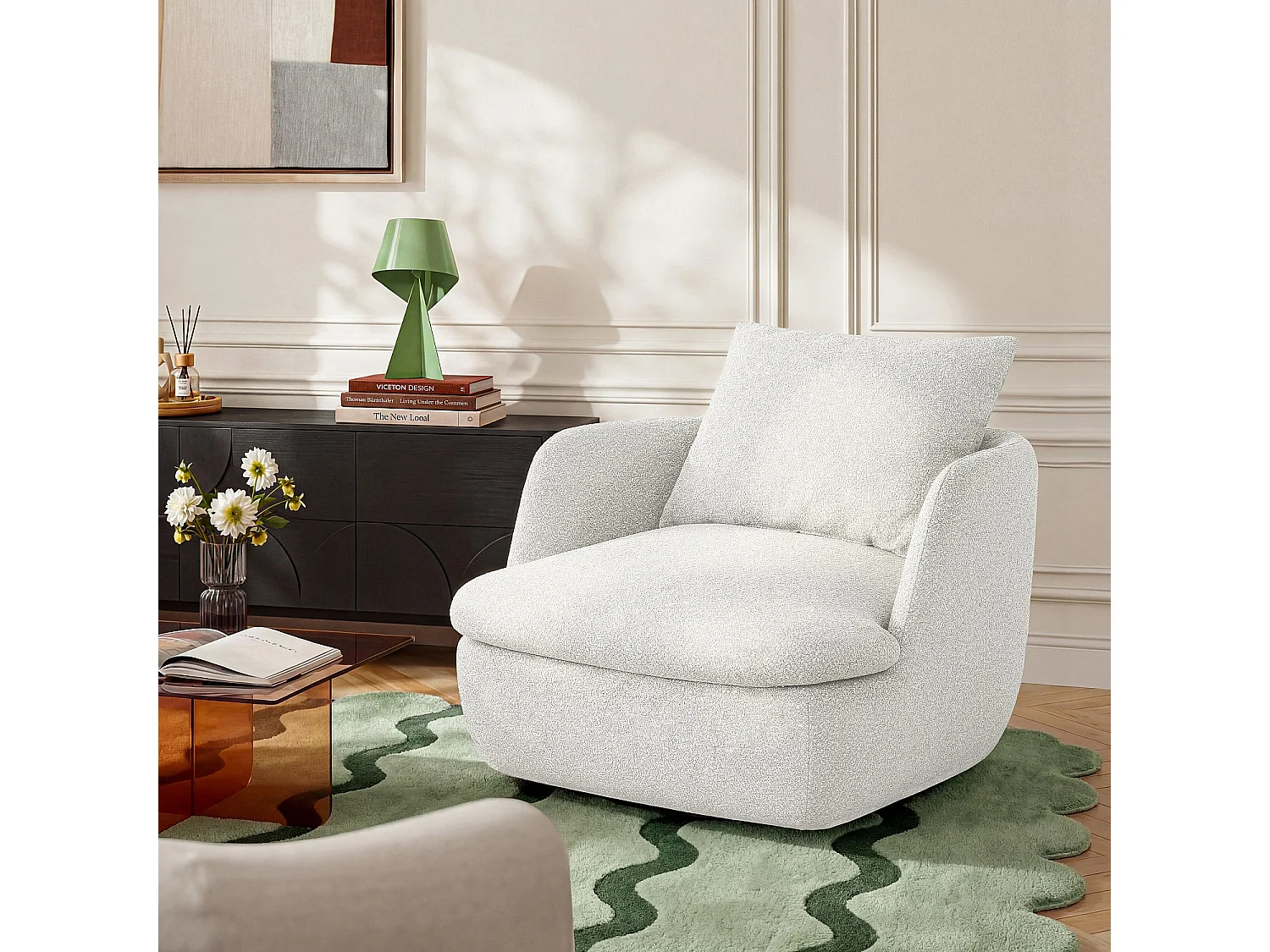 Habitat - Fauteuil pivotant en tissu bouclette garni de plumes - Ivoire - Monza
