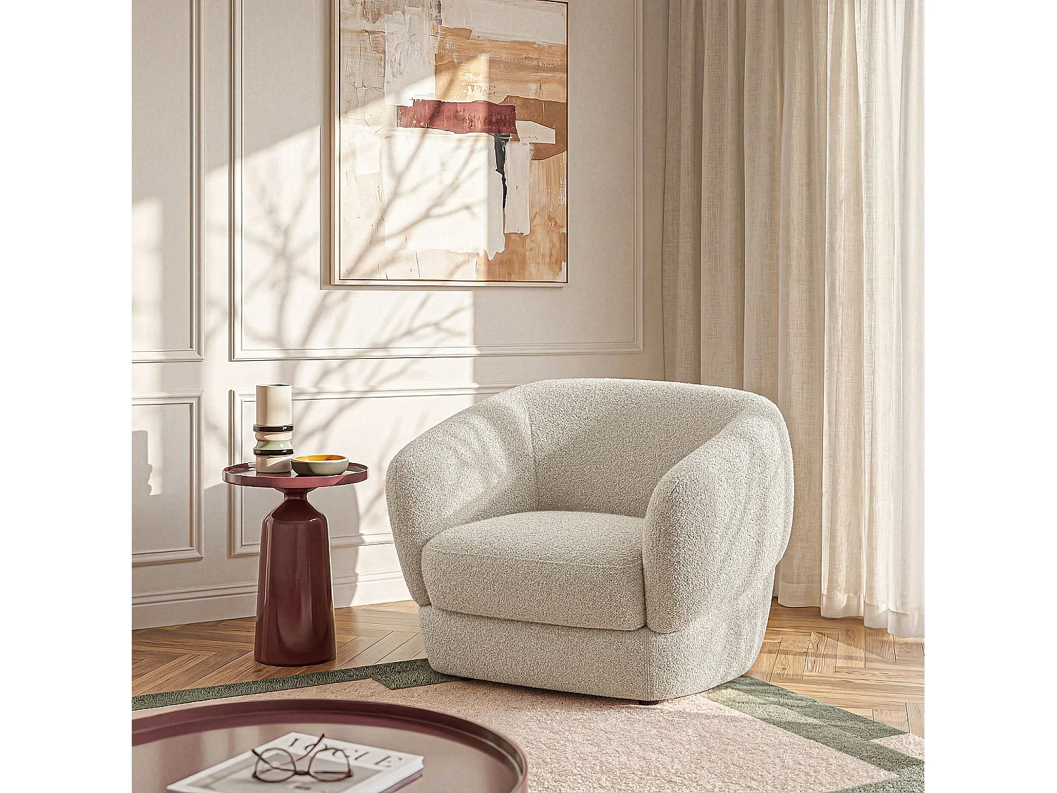Fauteuil en tissu bouclette courte - Beige