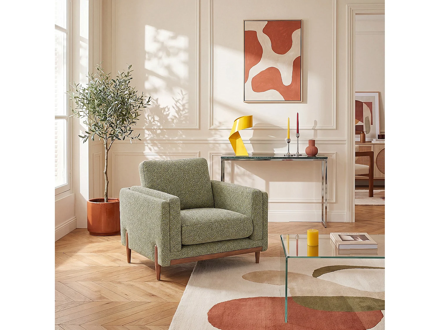 Habitat - Fauteuil en tissu texturé et bois - Vert lichen - Urbino