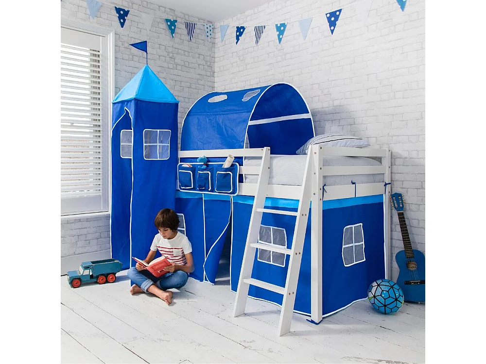 Noa & Nani Moro Cabin Bed with Ladder and Brilliant Blue Cotton Tent, Tower & Tunnel in White