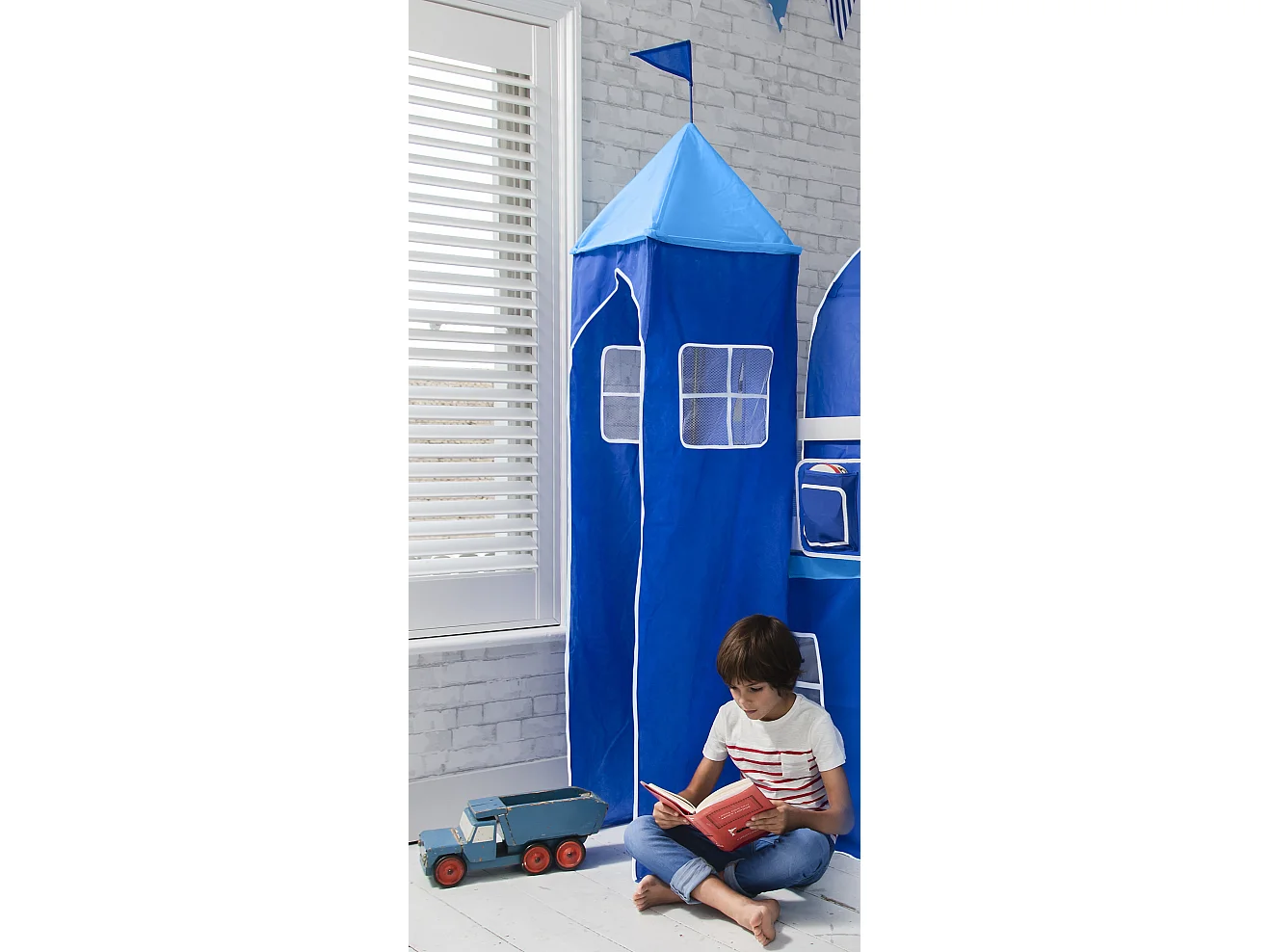 Noa & Nani Moro Cabin Bed with Ladder and Brilliant Blue Cotton Tent, Tower & Tunnel in White