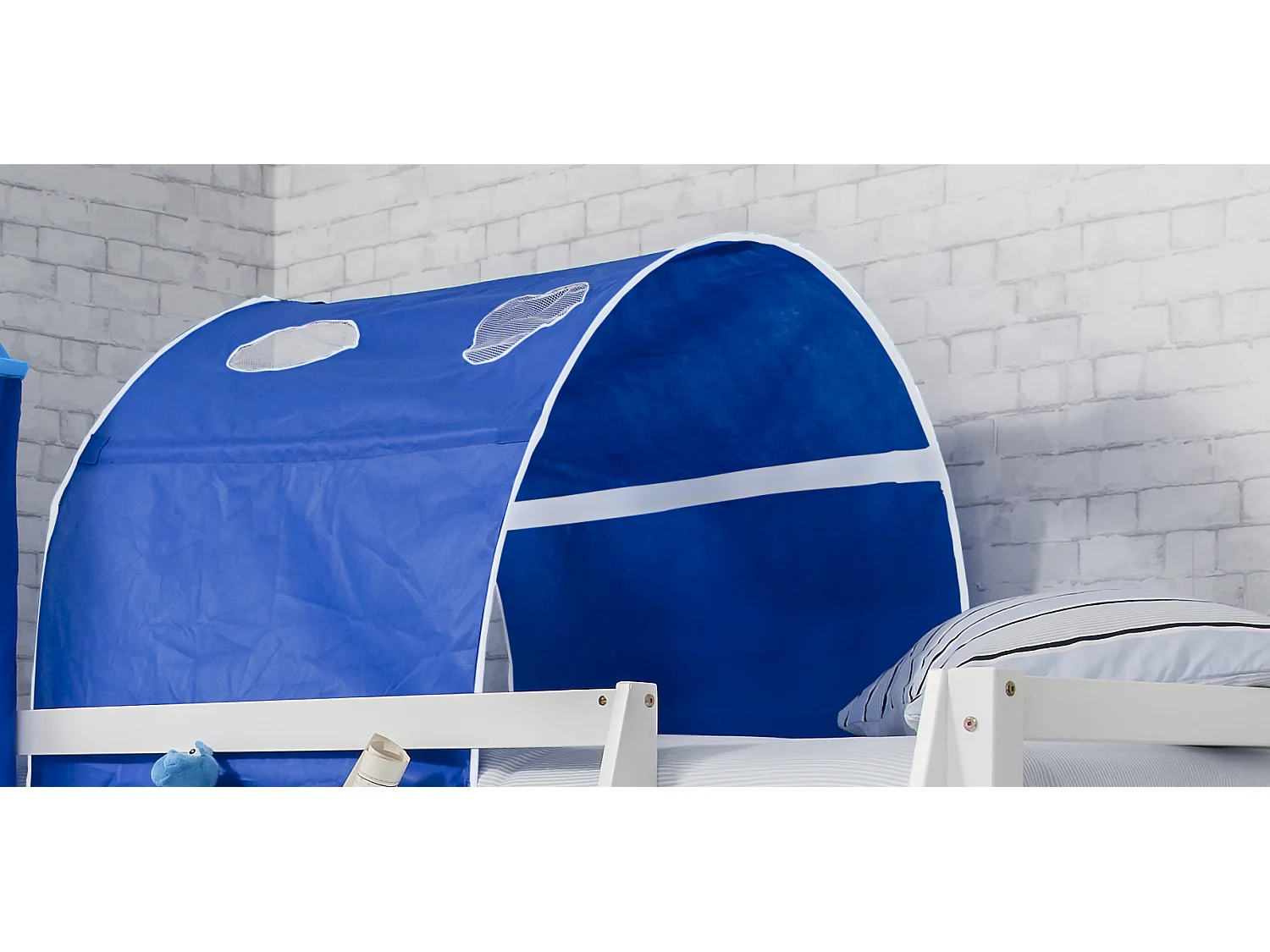Noa & Nani Moro Cabin Bed with Ladder and Brilliant Blue Cotton Tent, Tower & Tunnel in White