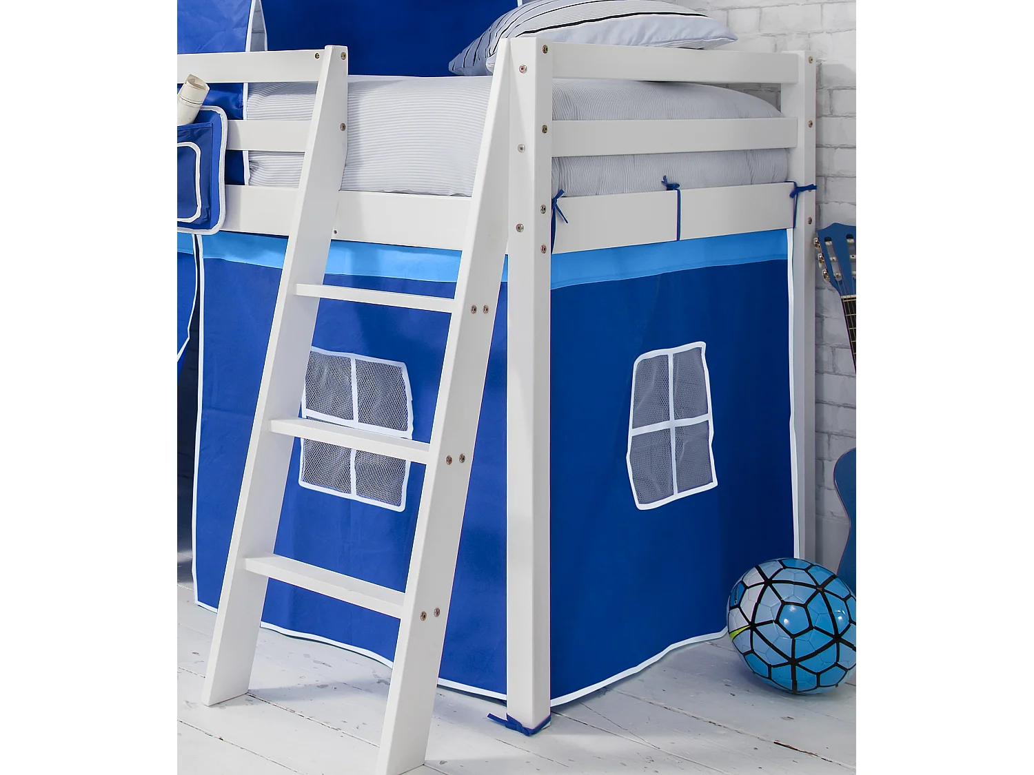 Noa & Nani Moro Cabin Bed with Ladder and Brilliant Blue Cotton Tent, Tower & Tunnel in White