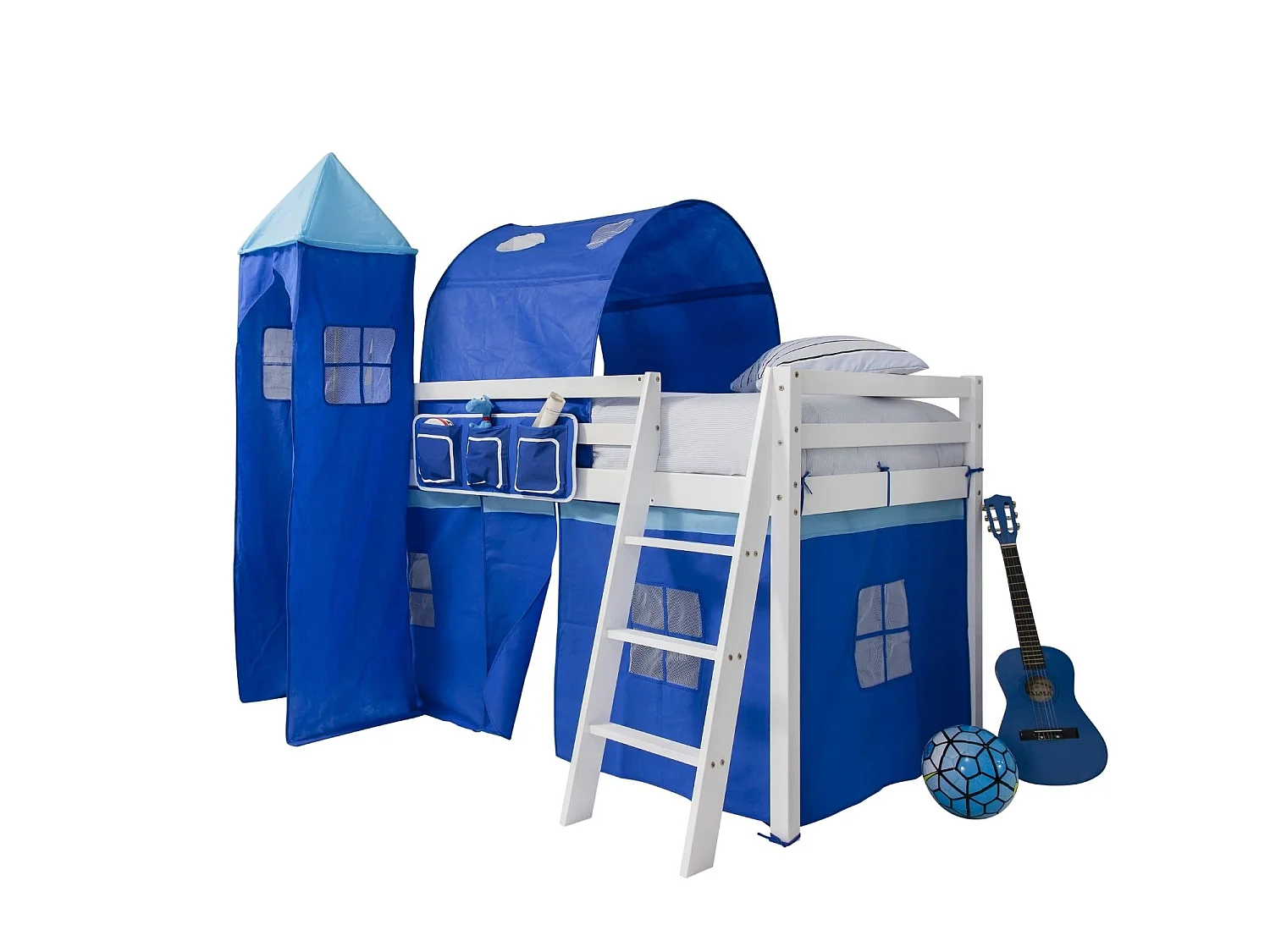 Noa & Nani Moro Cabin Bed with Ladder and Brilliant Blue Cotton Tent, Tower & Tunnel in White