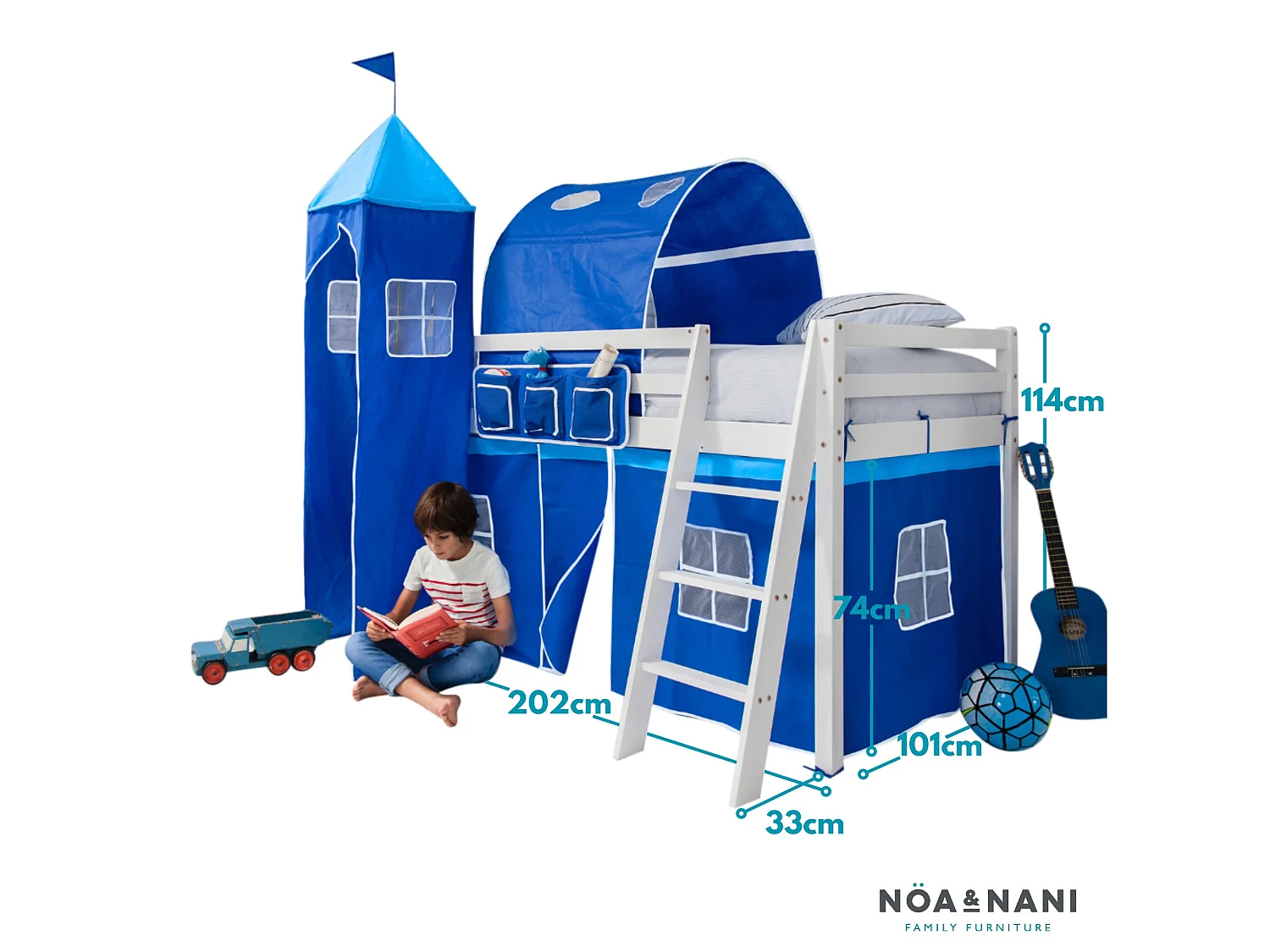 Noa & Nani Moro Cabin Bed with Ladder and Brilliant Blue Cotton Tent, Tower & Tunnel in White
