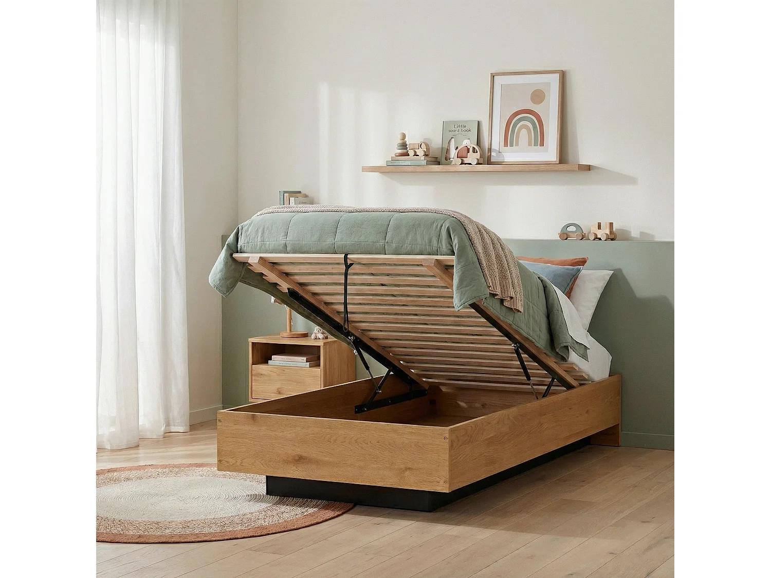 Noa & Nani Koping Single Gas Lift Ottoman Bed with Storage in Natural Pine