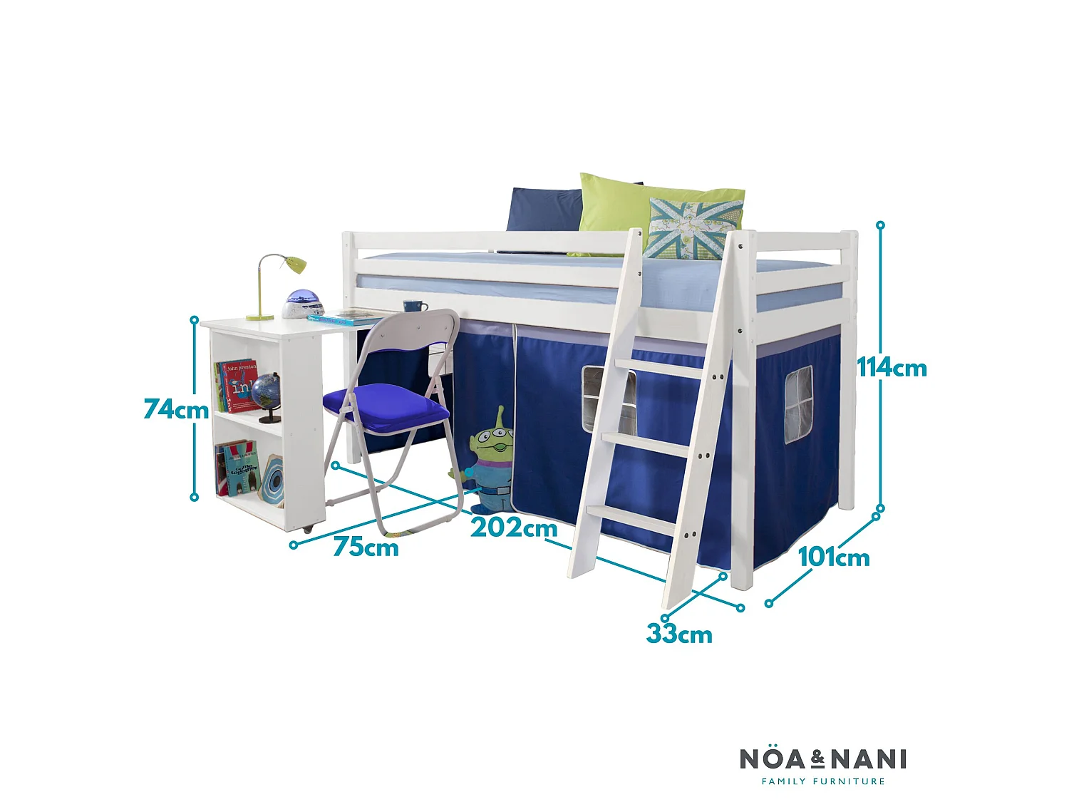 Noa & Nani Moro Cabin Bed Midsleeper with Pullout Desk & Brilliant Blue Tent in White