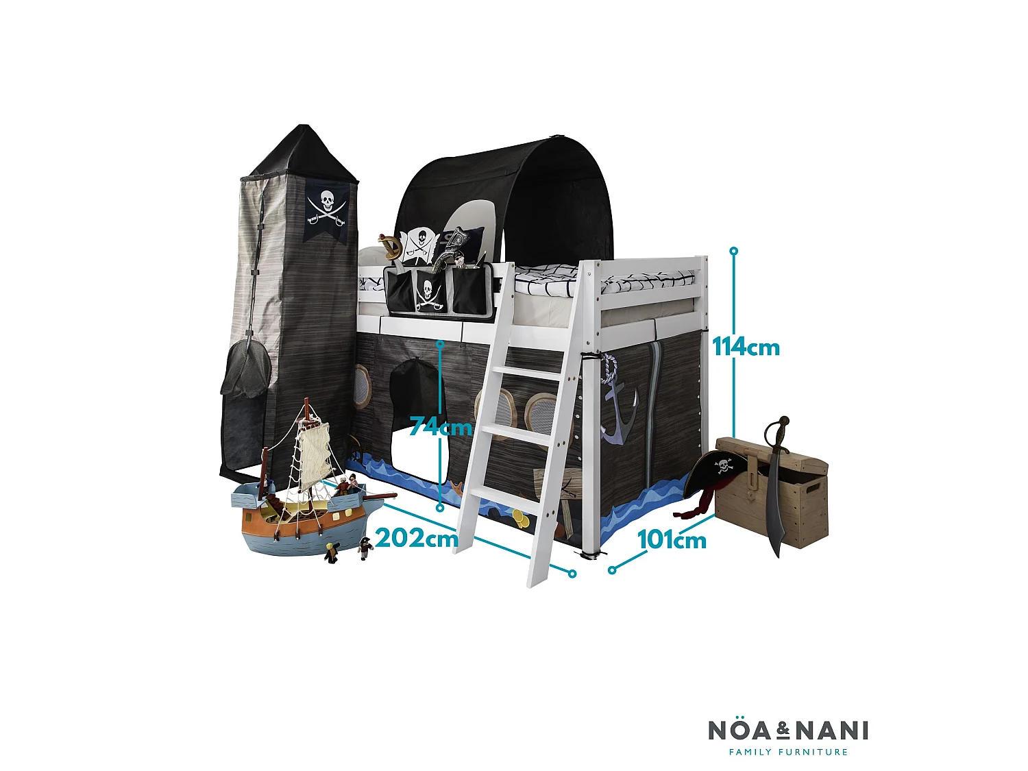Noa & Nani Moro Cabin Bed Midsleeper with Pirate Hideaway Package in White