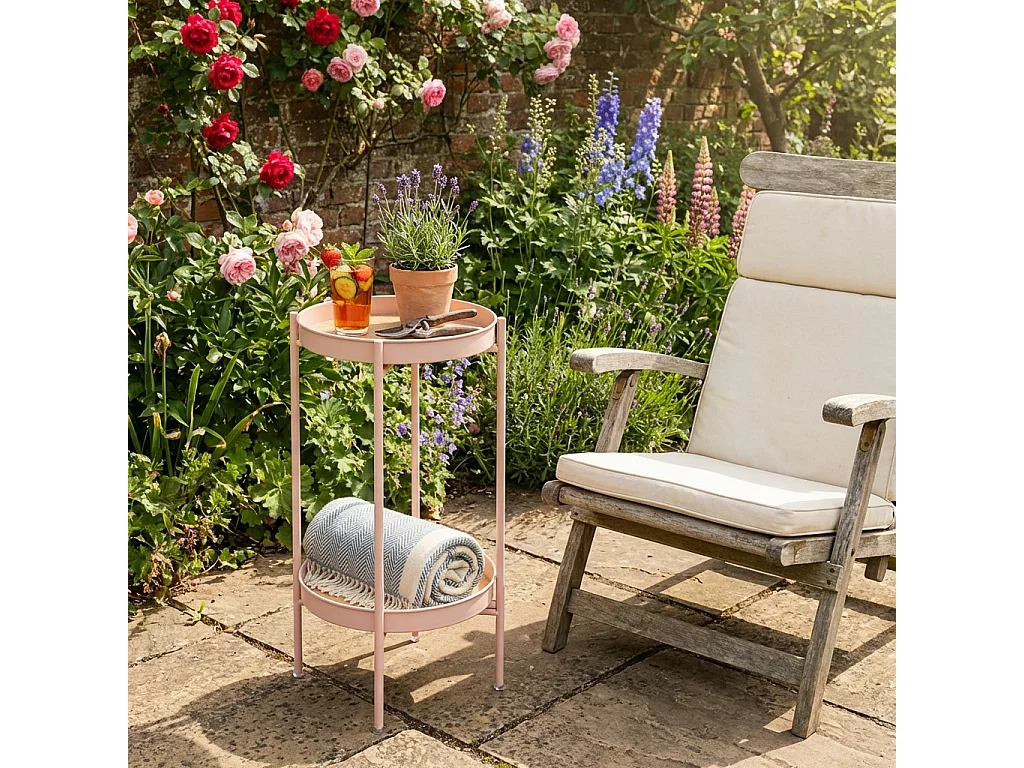 Noa & Nani Flora Round Small Metal Outdoor Side Table Garden End Patio Table for Balcony & Deck in Pink