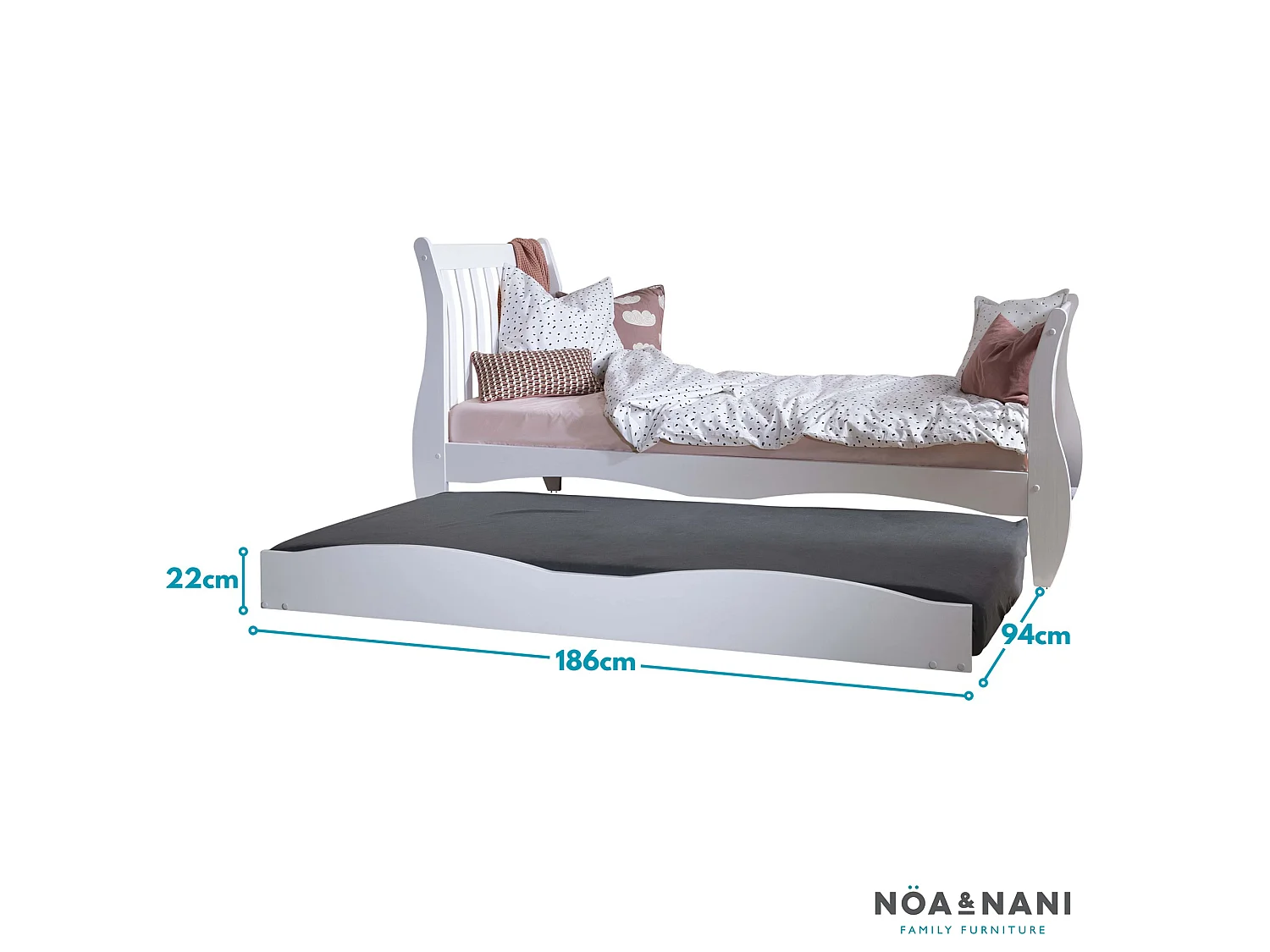 Noa & Nani Astrid Single Sleigh Bed with Pullout Trundle in White