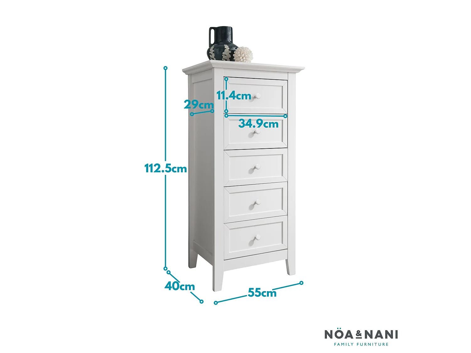 Noa & Nani Torsby Chest of Drawers 5 Drawer Tall in White