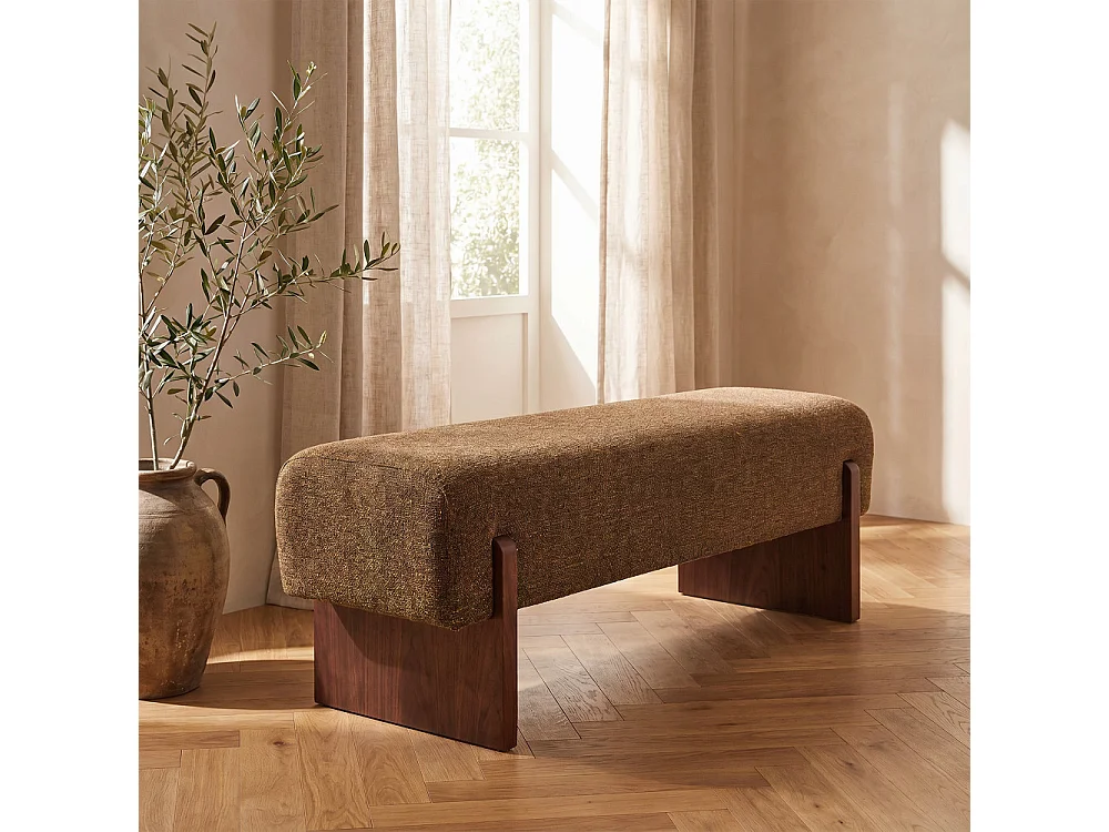 Sally - Banc en tissu et bois - Marron chiné