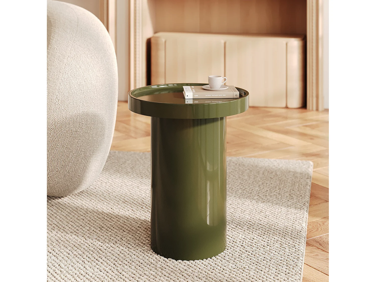 Mesa auxiliar lacada verde oliva en MDF, D40 cm - Nora