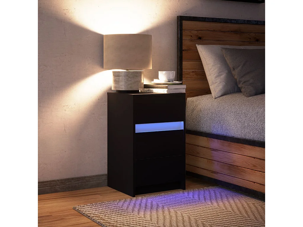 Mesita de noche con luces LED madera de ingeniería negra