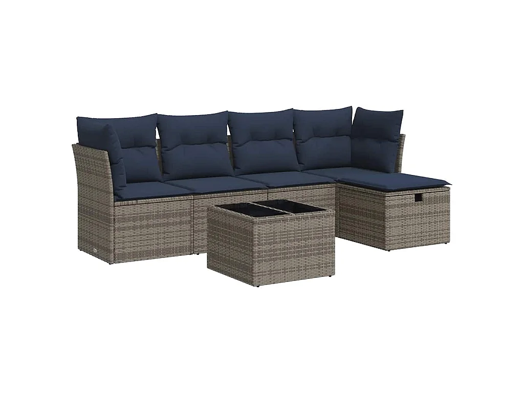 Set de muebles de jardín 6 piezas y cojines ratán sintético gris