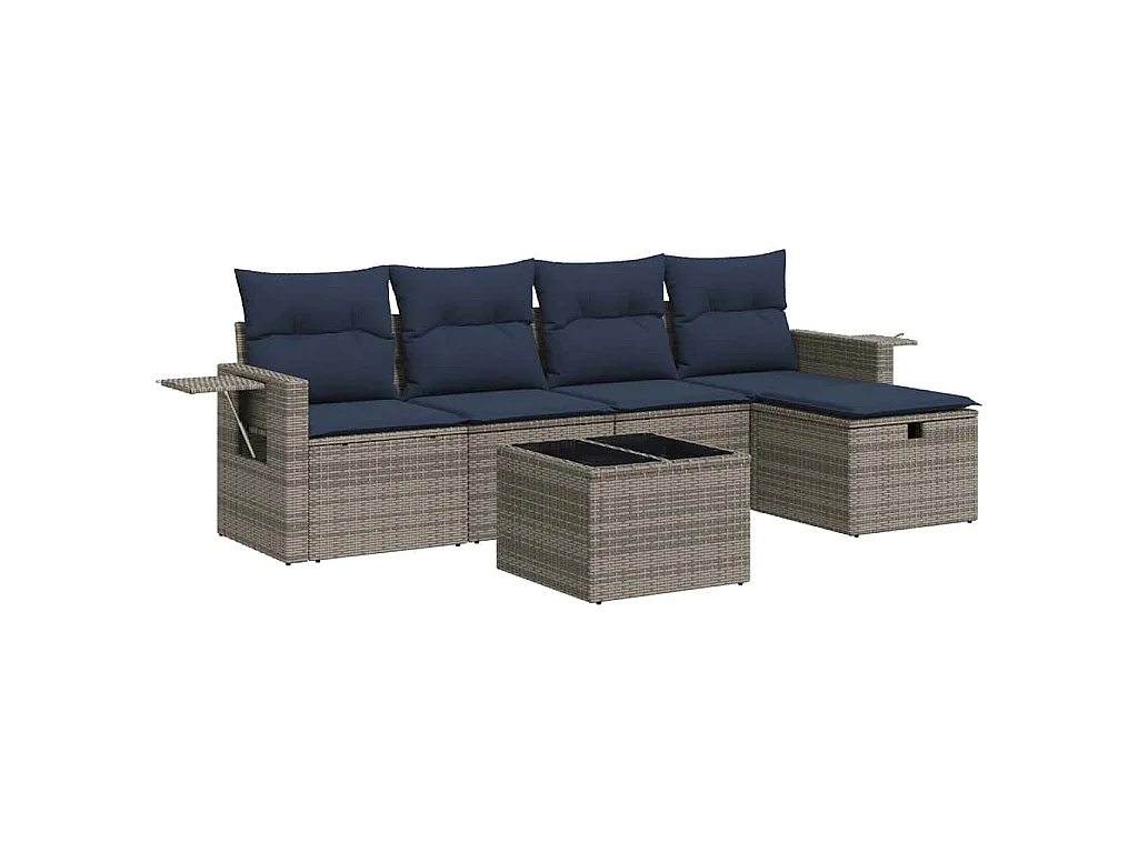 Set de muebles de jardín 6 piezas y cojines ratán sintético gris