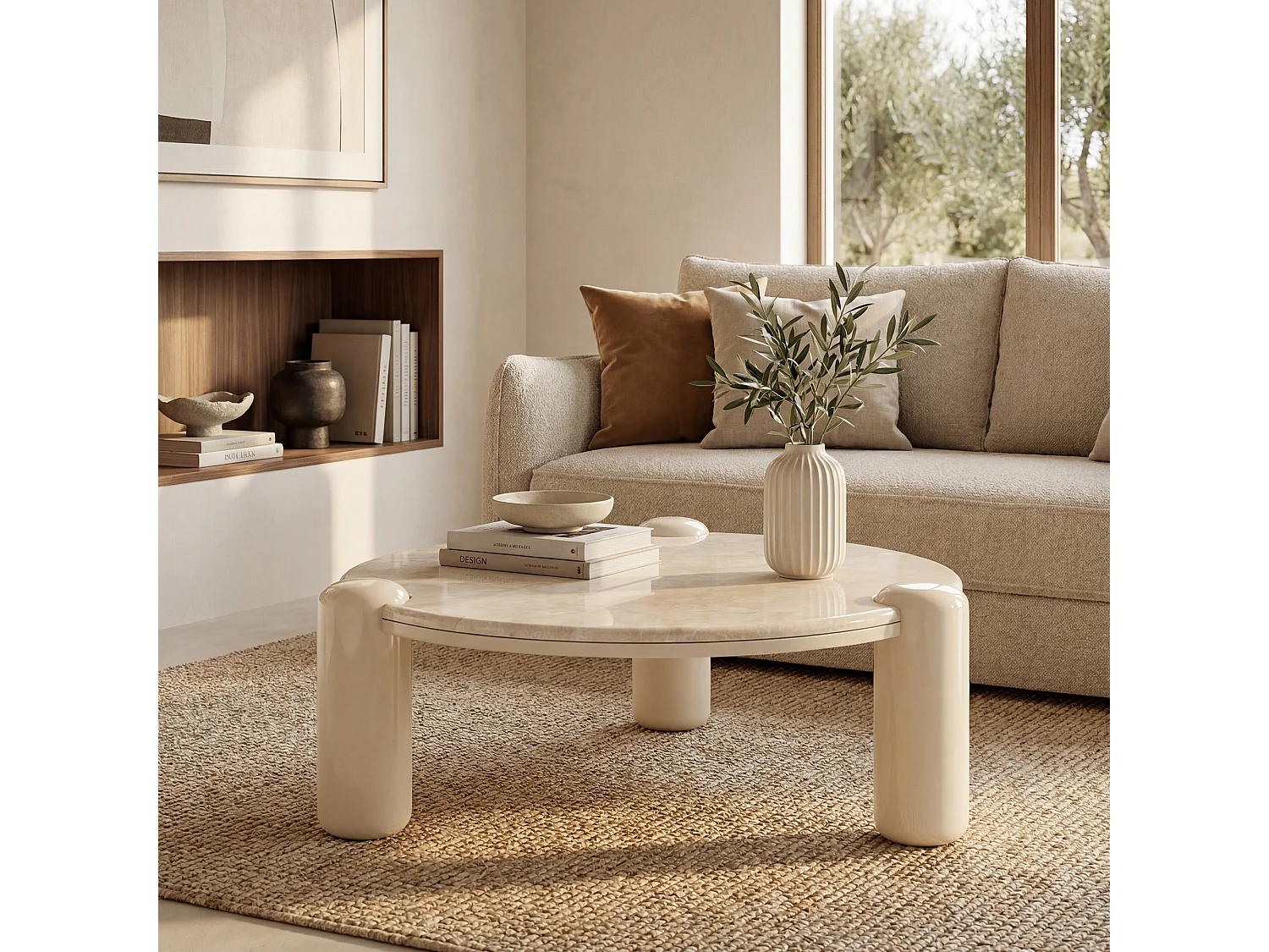 Table basse en marbre avec pieds laqués beiges, D86 cm - Hanaé