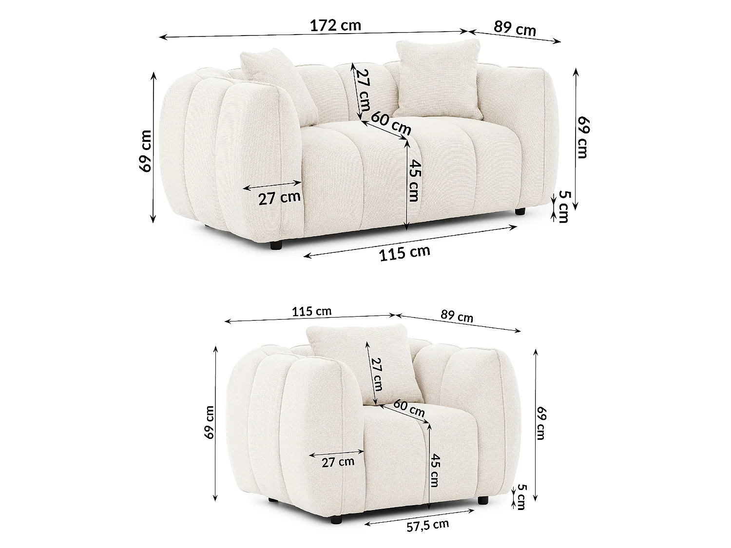 Ensemble de canapés 2+1 (2 places et fauteuil) en tissu structuré doux, au design moderne et à l’aspect matelassé NUBIRA