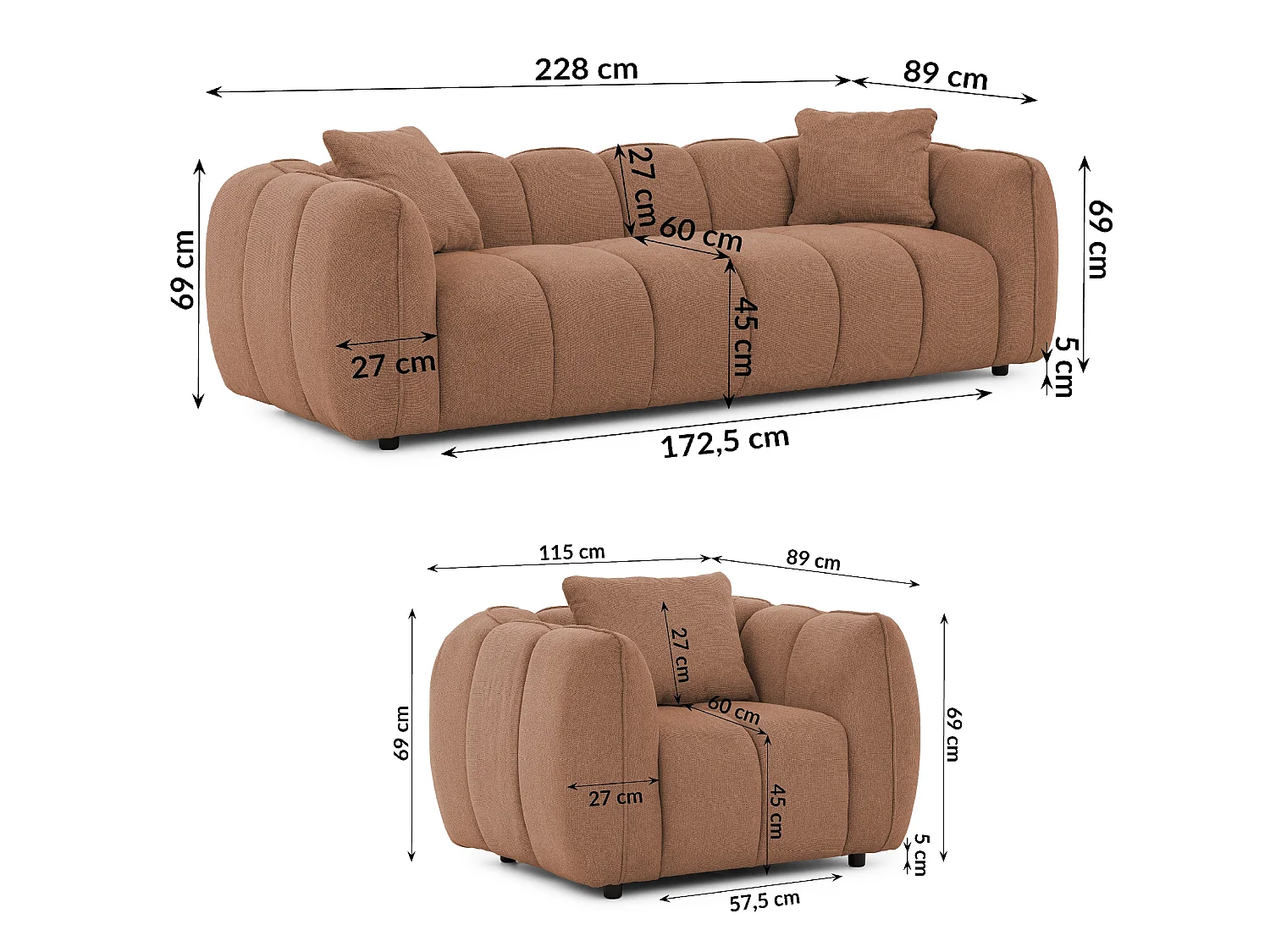 Ensemble de canapés 3+1 (3 places et fauteuil) en tissu structuré doux, au design moderne et à l’aspect matelassé NUBIRA