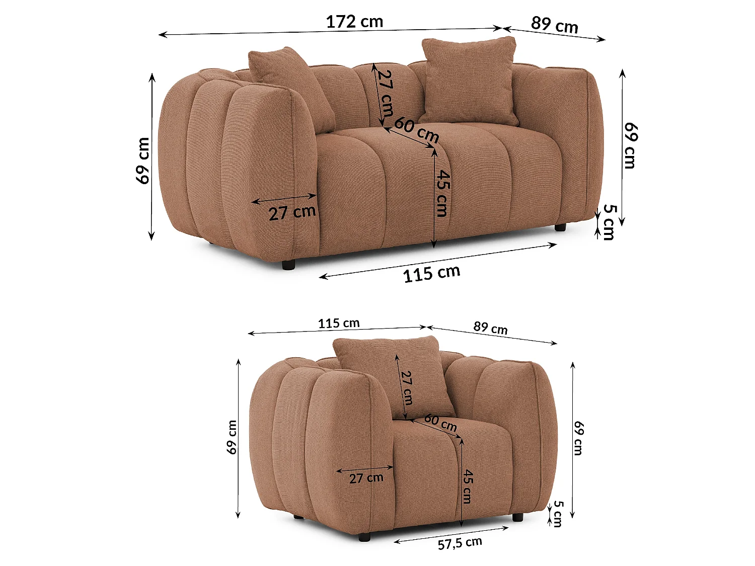 Ensemble de canapés 2+1 (2 places et fauteuil) en tissu structuré doux, au design moderne et à l’aspect matelassé NUBIRA