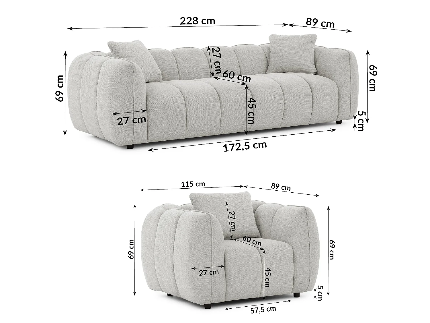 Ensemble de canapés 3+1 (3 places et fauteuil) en tissu structuré doux, au design moderne et à l’aspect matelassé NUBIRA