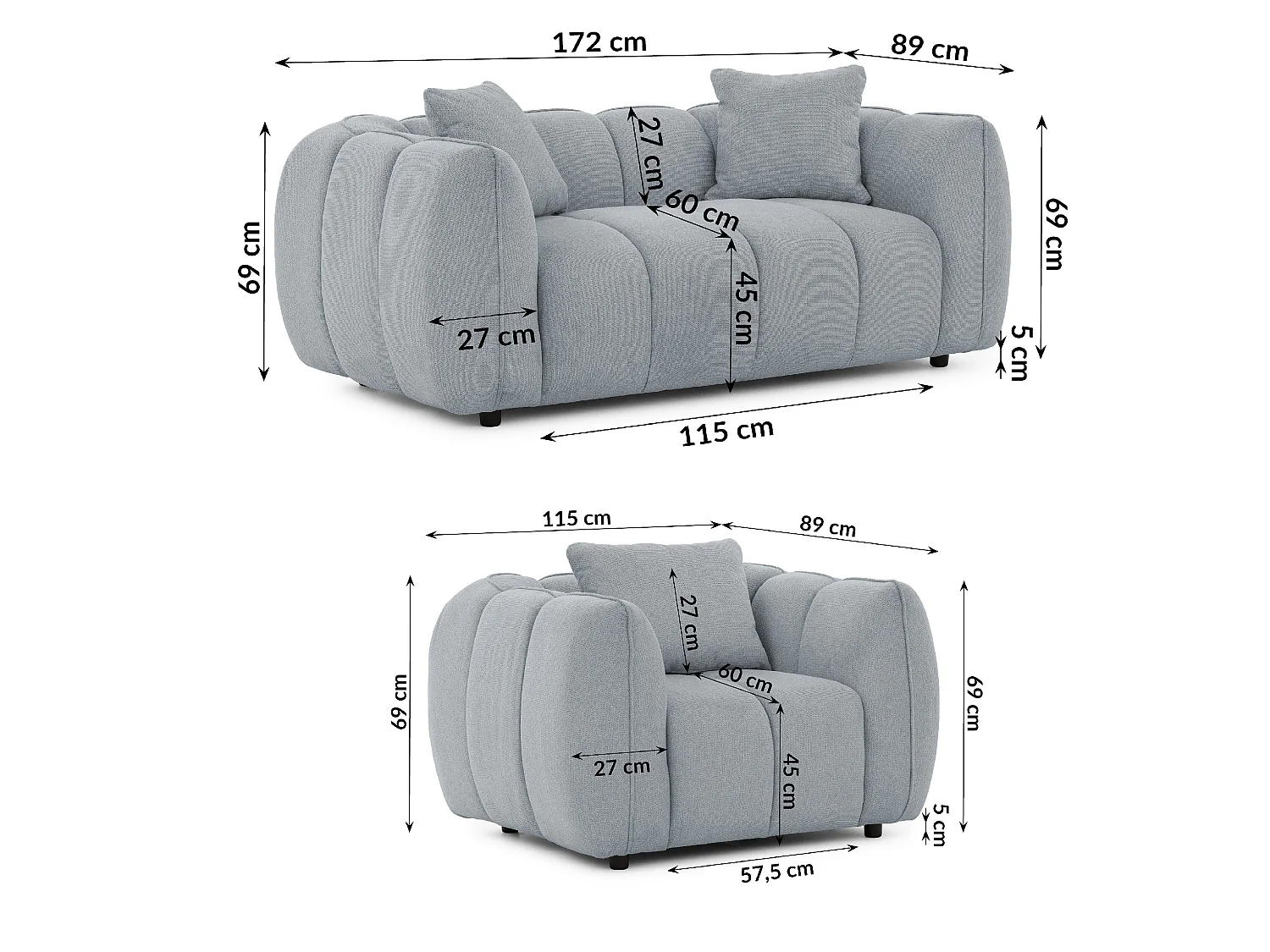 Ensemble de canapés 2+1 (2 places et fauteuil) en tissu structuré doux, au design moderne et à l’aspect matelassé NUBIRA