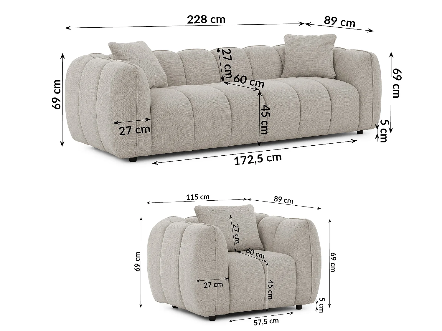 Ensemble de canapés 3+1 (3 places et fauteuil) en tissu structuré doux, au design moderne et à l’aspect matelassé NUBIRA