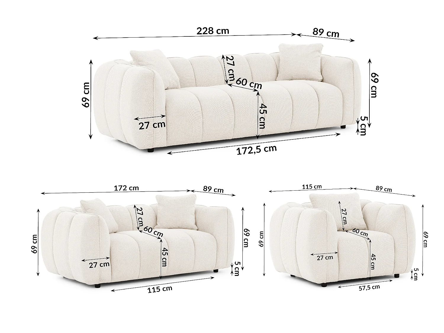 Ensemble de canapés 3+2+1 (3 places, 2 places et fauteuil) en tissu structuré doux, au design moderne et à l’aspect matelassé NUBIRA
