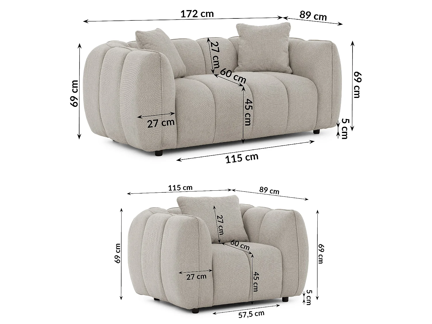 Ensemble de canapés 2+1 (2 places et fauteuil) en tissu structuré doux, au design moderne et à l’aspect matelassé NUBIRA